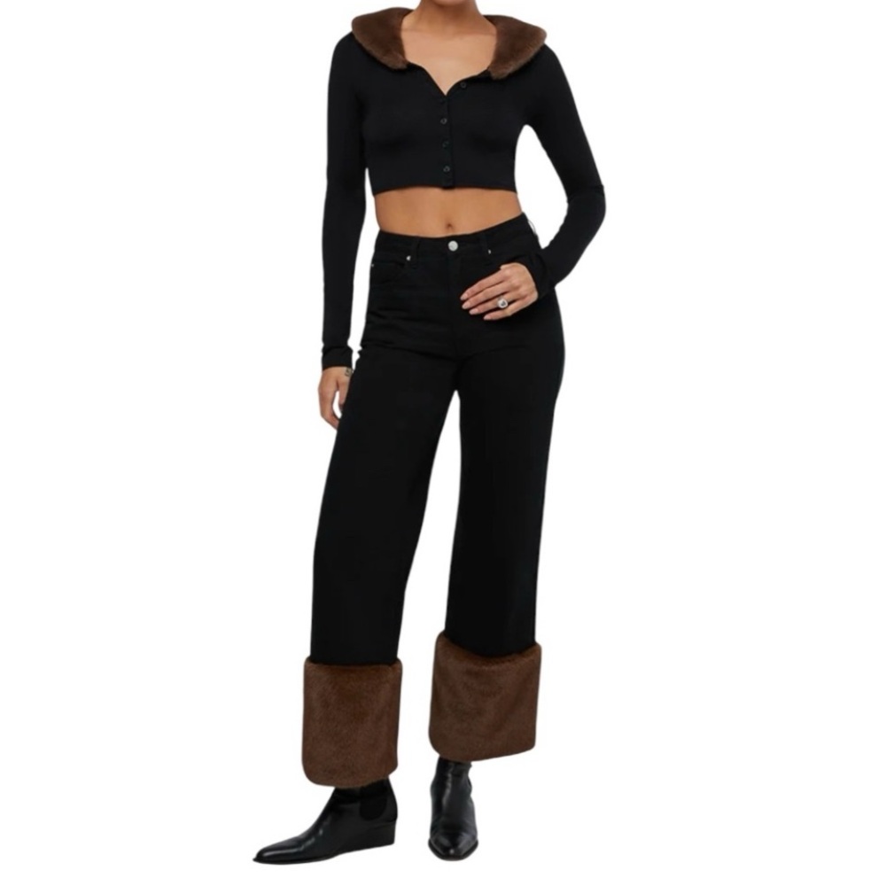 0856. Faux Fur Straight Leg Jeans - Picture 1 of 5